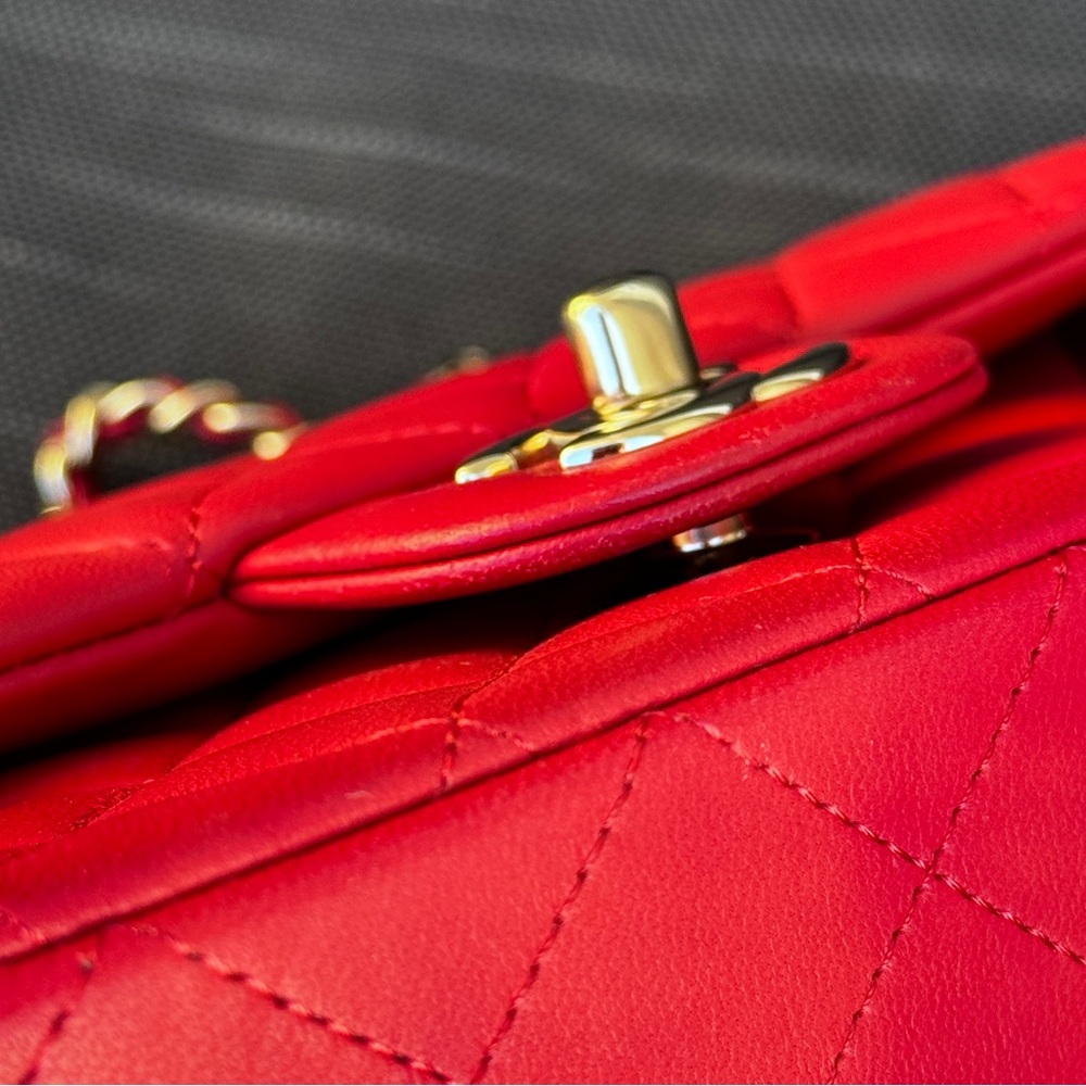 ❤️CHANEL❤️Mini Rectangular Top Handle Red Lambskin Flap Bag LGHW - Picture 12 of 14